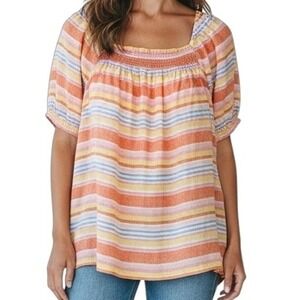Talbots Womens Top Blouse 100% Linen Square Neck Short Sleeve Size M Casual Boho